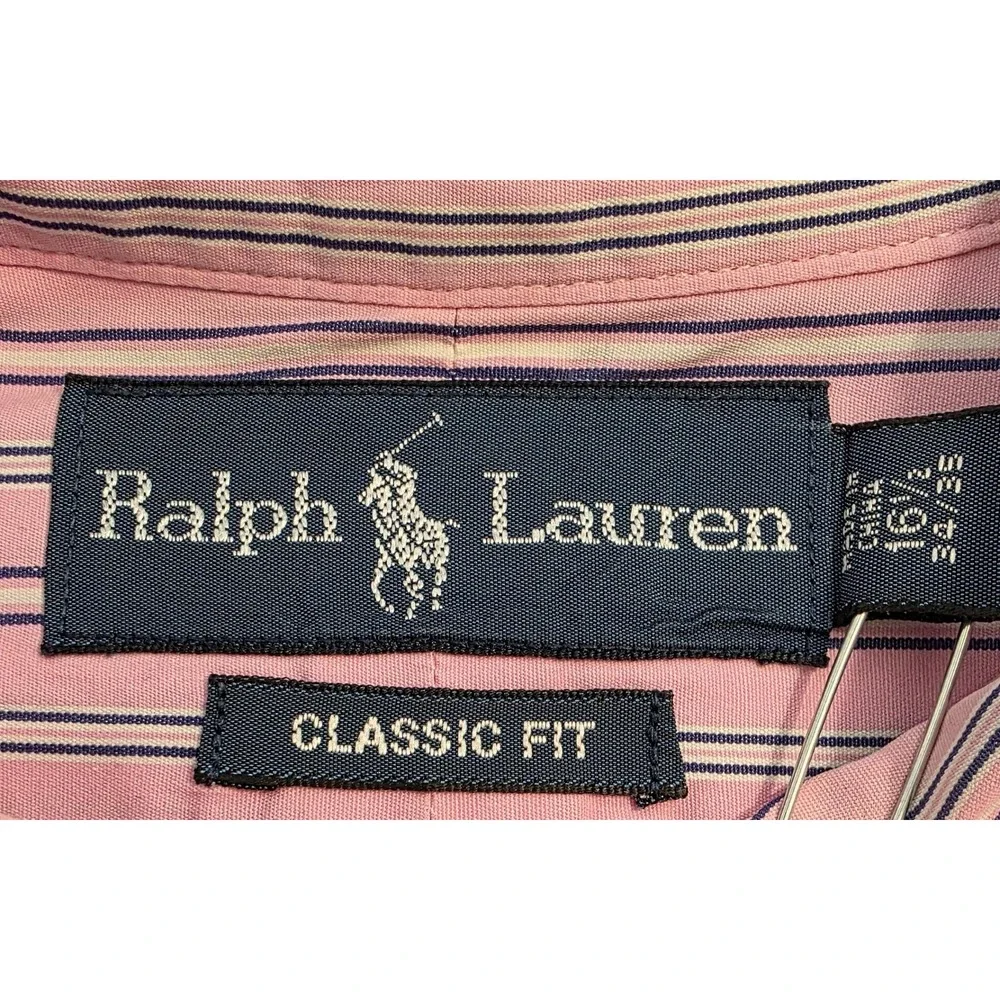 Ralph Lauren Men's Classic Fit Striped Button Down Pink Navy Blue 16.5 34/35